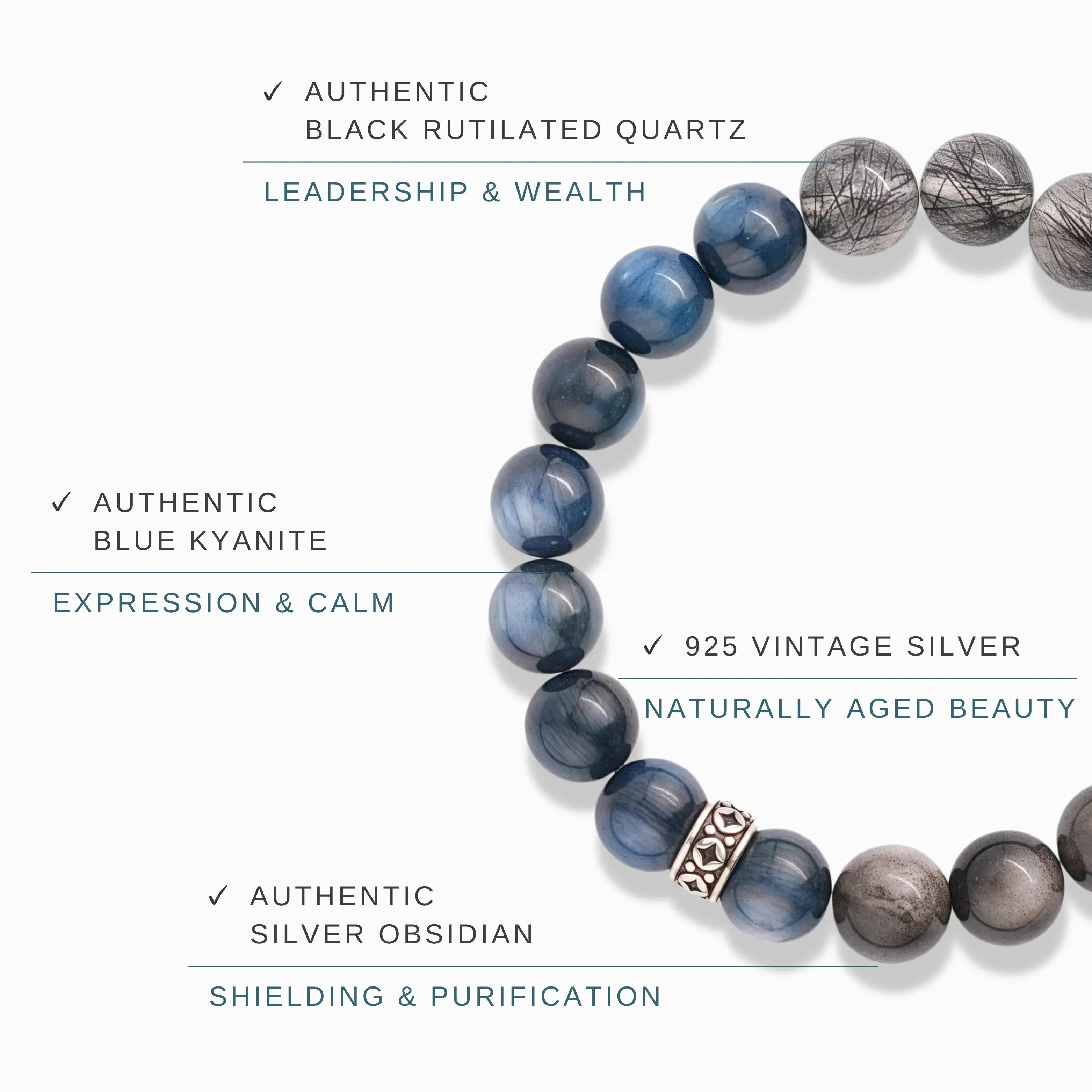Blue Kyanite Silver Obsidian Black Rutilated Quartz Bracelet - Midnight Bloom
