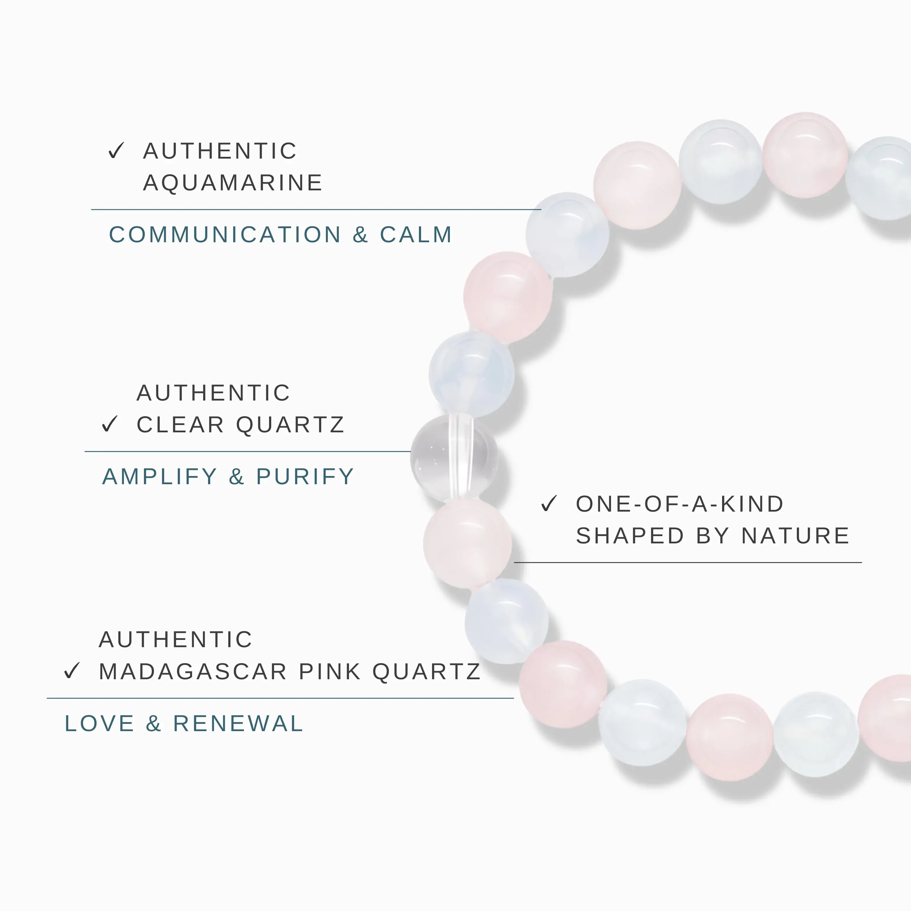 Clear Quartz Aquamarine Madagascar Pink Quartz Bracelet - Serene Harmony