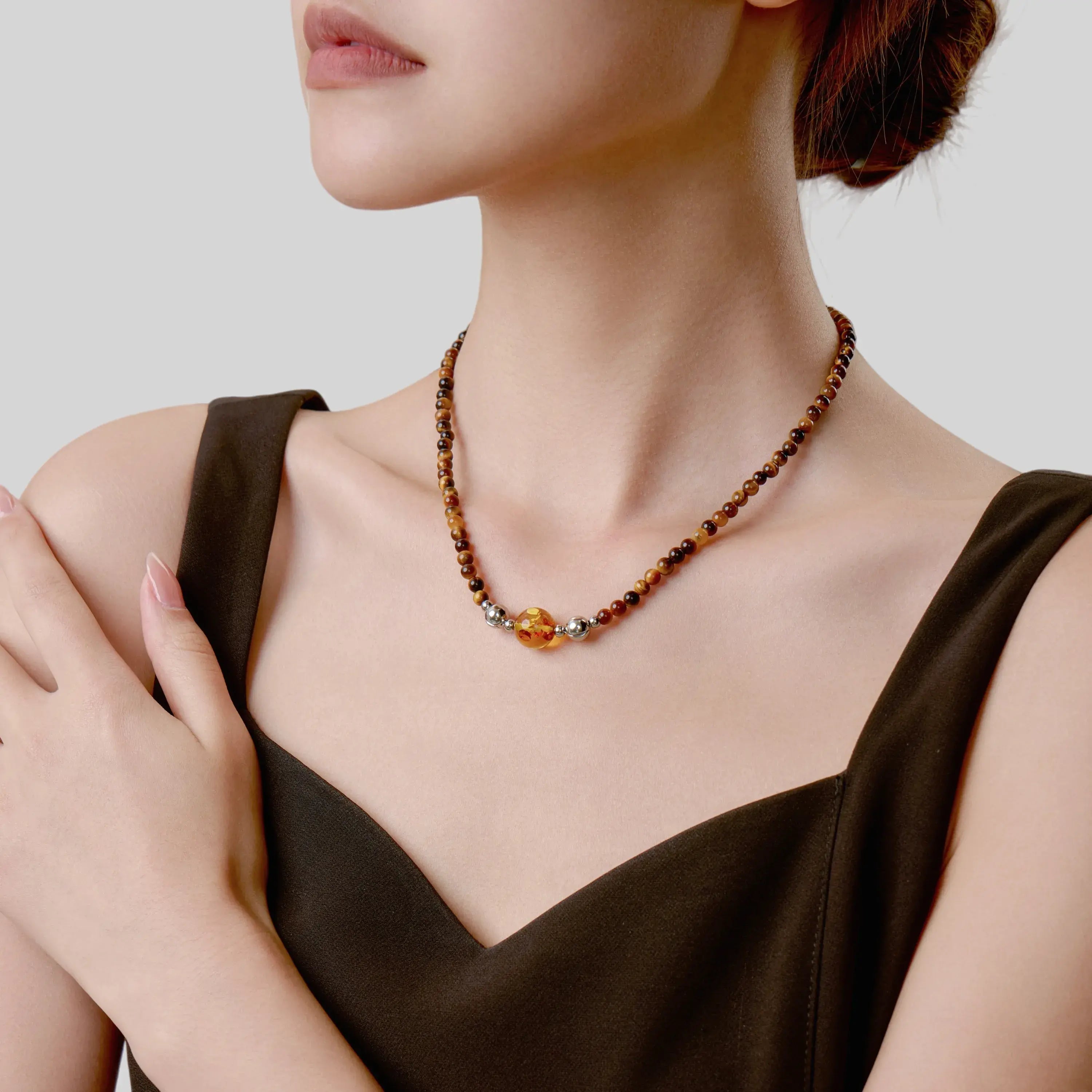 Tiger's Eye And Yellow Topaz Magnetic Clasp Necklace Set