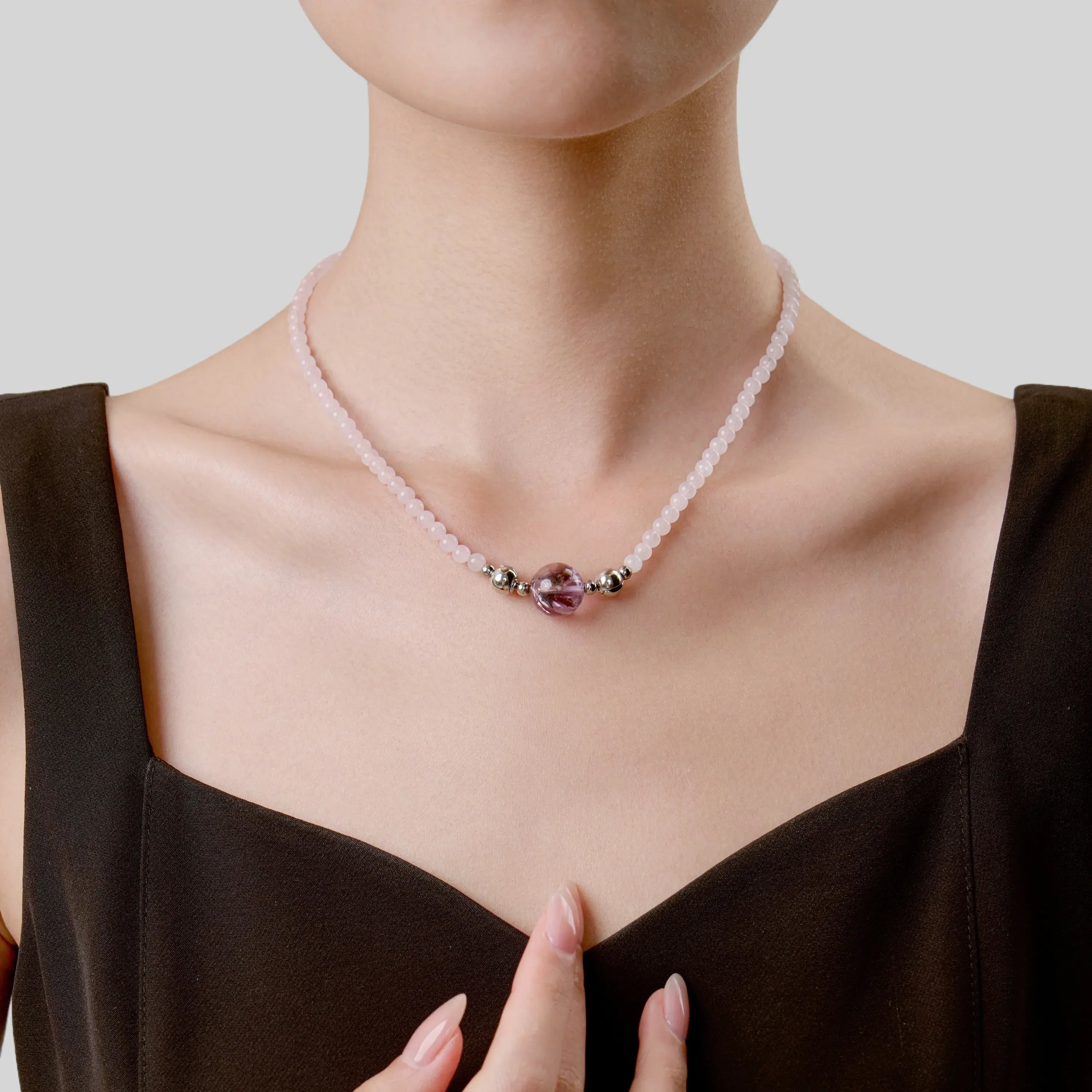 Rose Quartz And Light Amethyst Magnetic Clasp Necklace Set