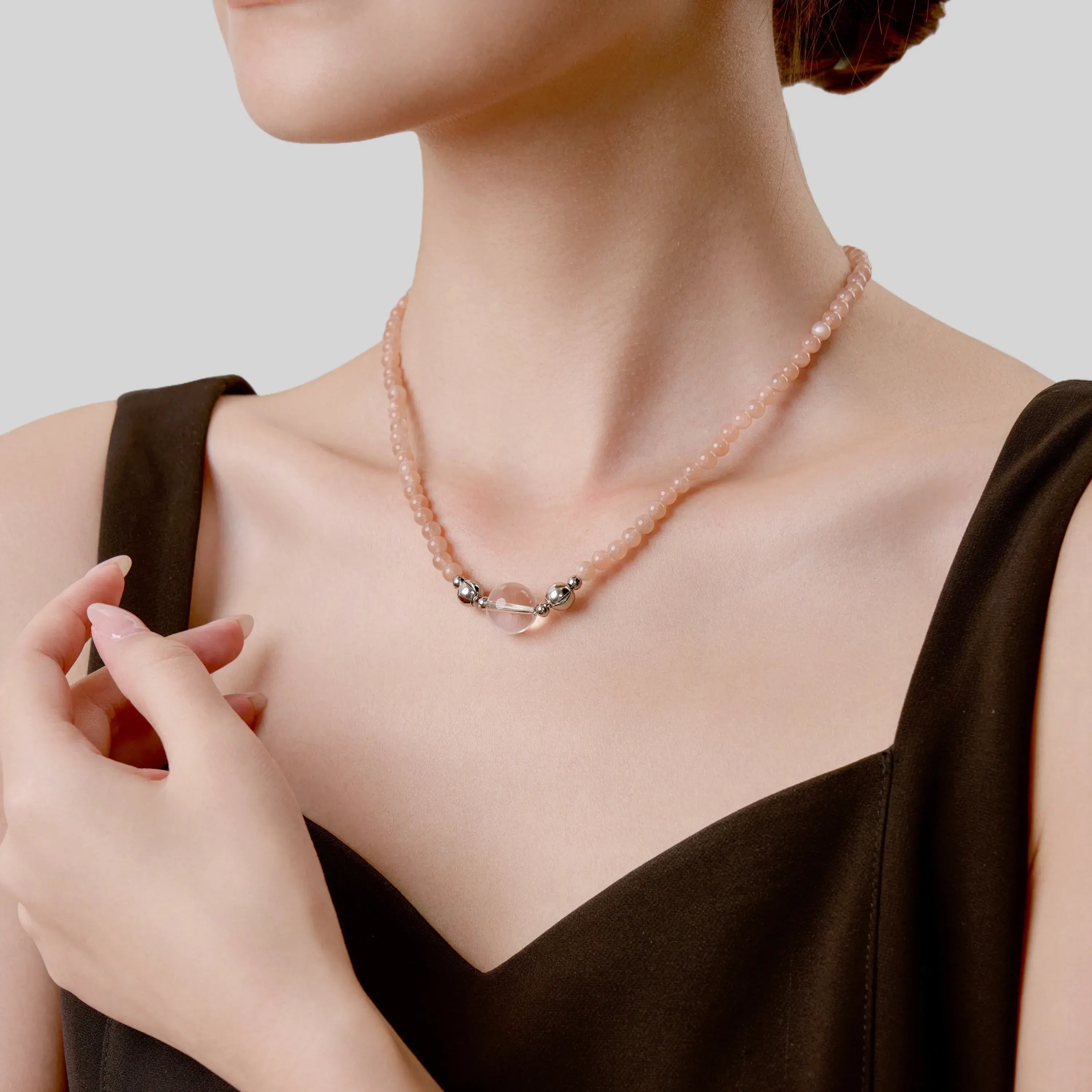 Orange Moonstone And Clear Quartz Magnetic Clasp Necklace Set