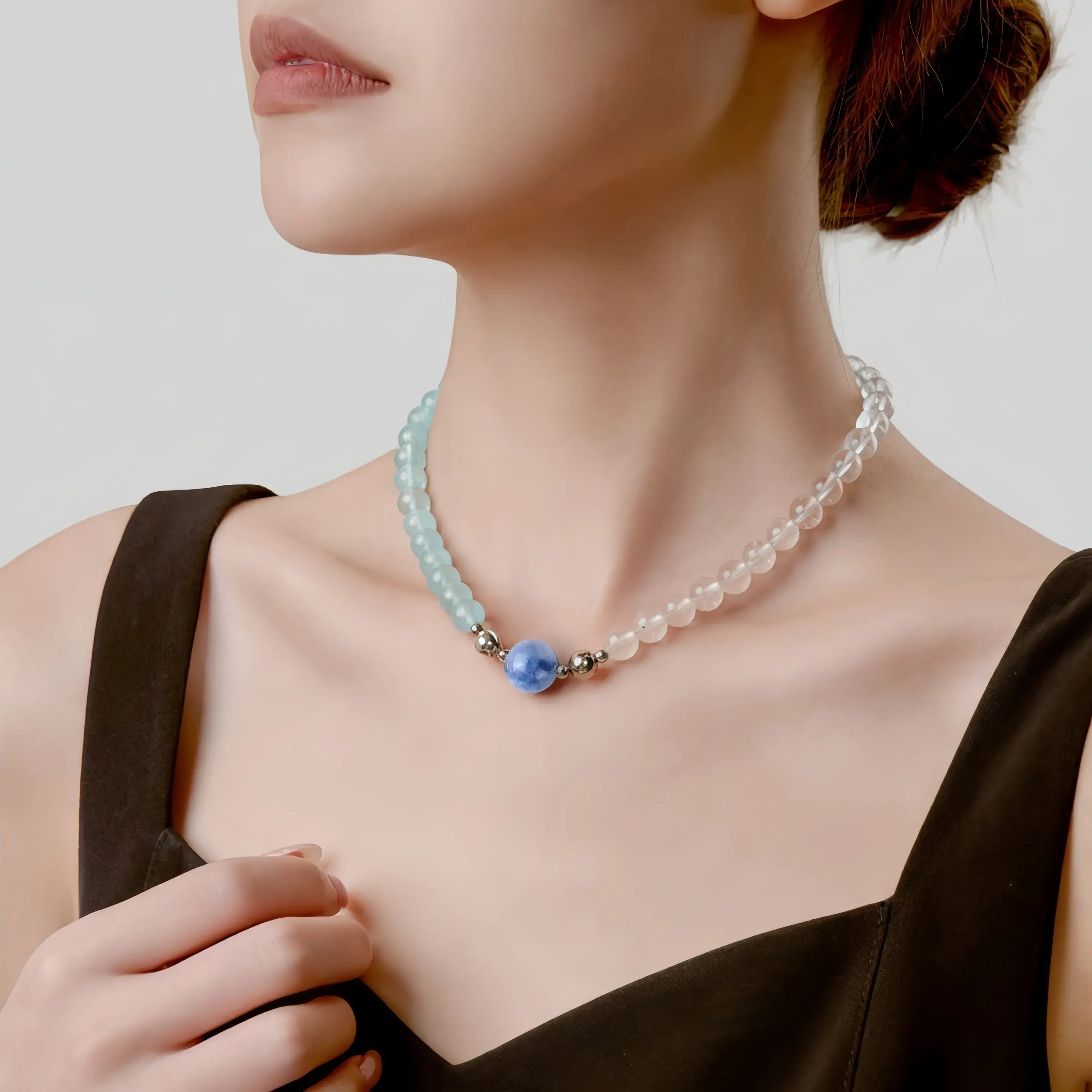 Aquamarine And Clear Quartz Magnetic Clasp Necklace Set