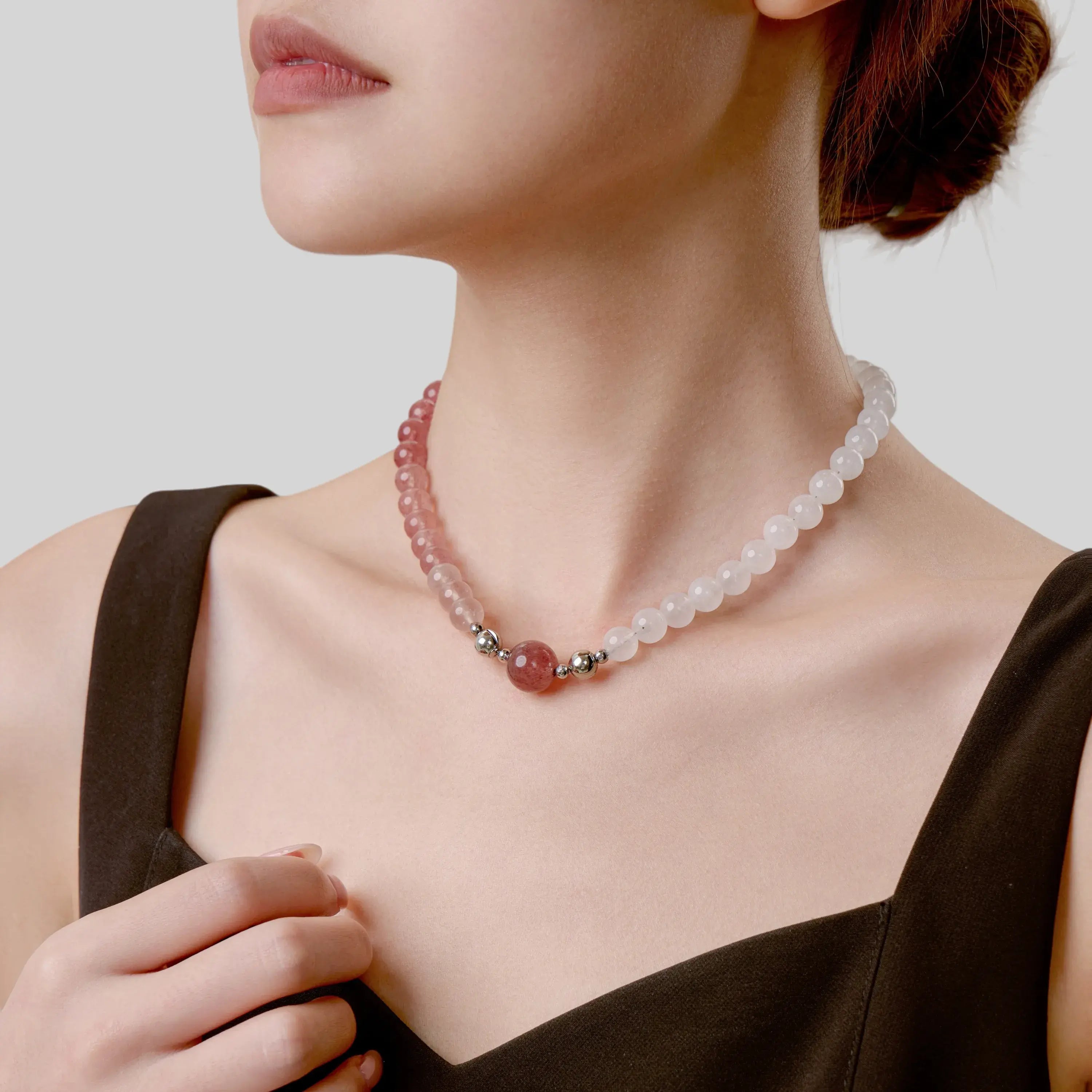 White Jade Rose Quartz Magnetic Clasp Necklace Set