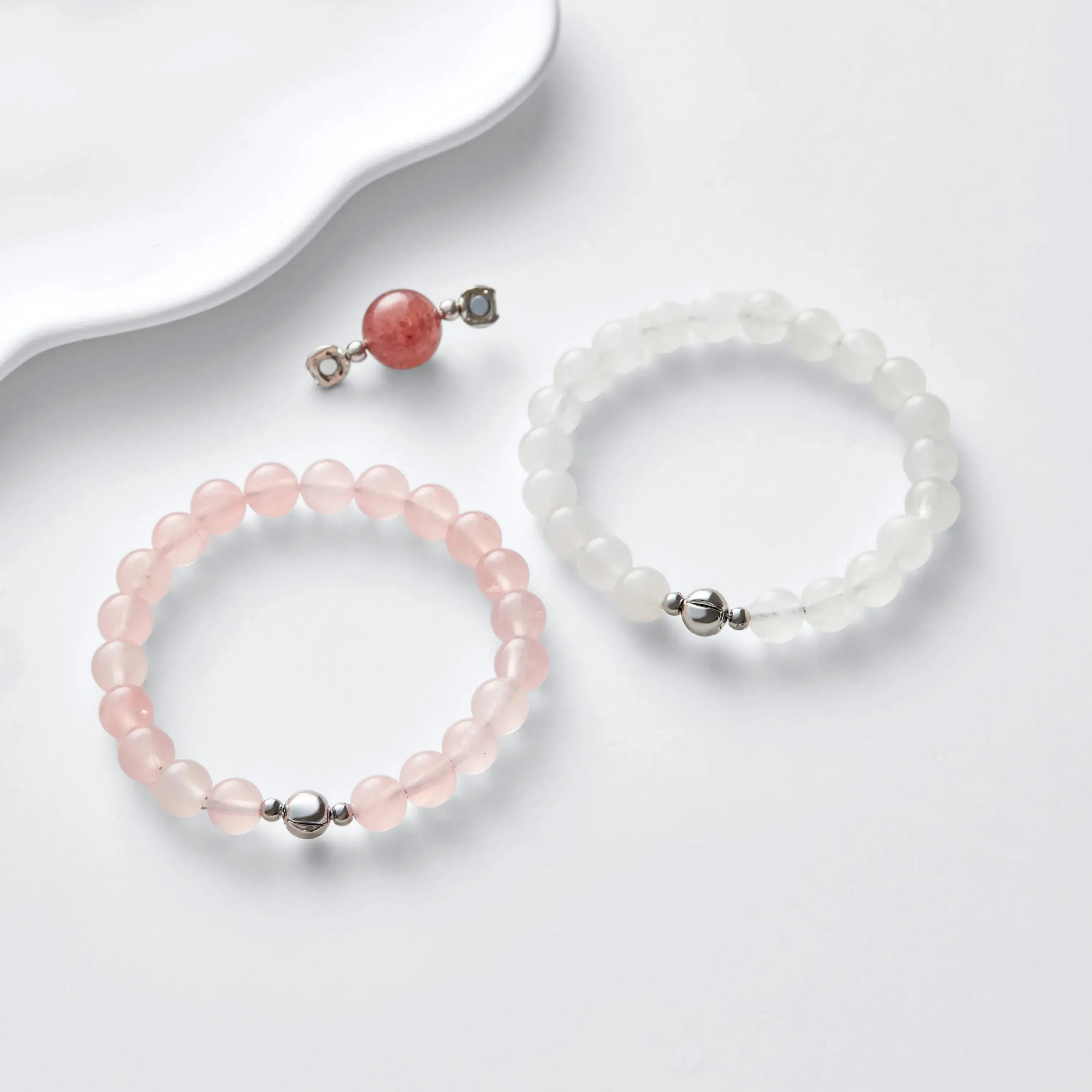 White Jade Rose Quartz Magnetic Clasp Necklace Set