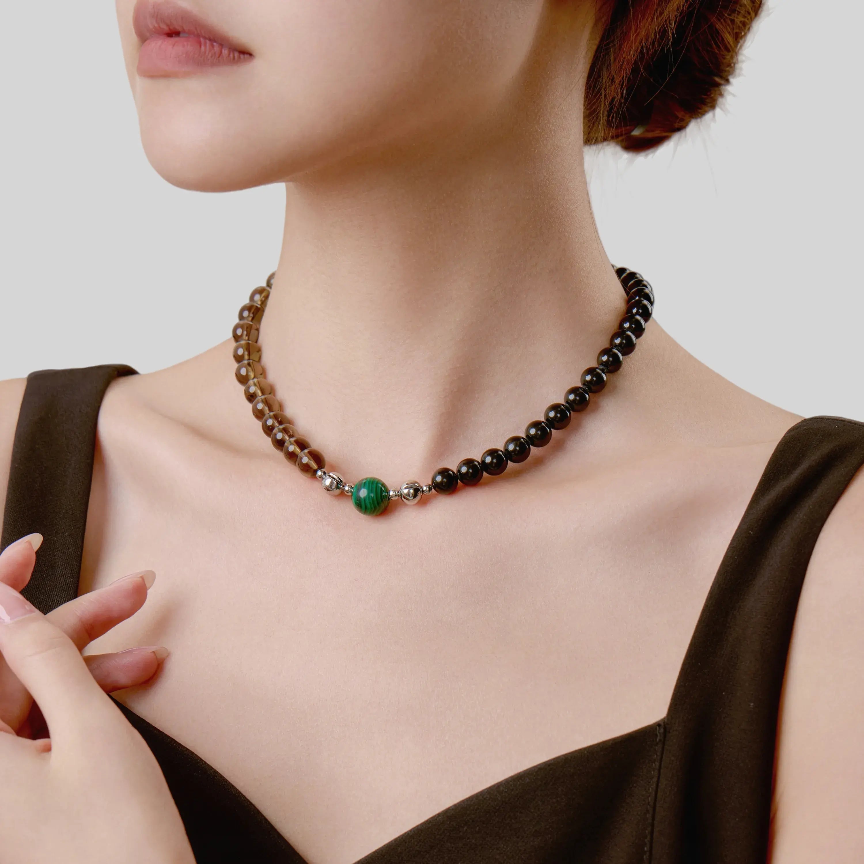 Smoky Quartz And Black Obsidian Magnetic Clasp Necklace Set