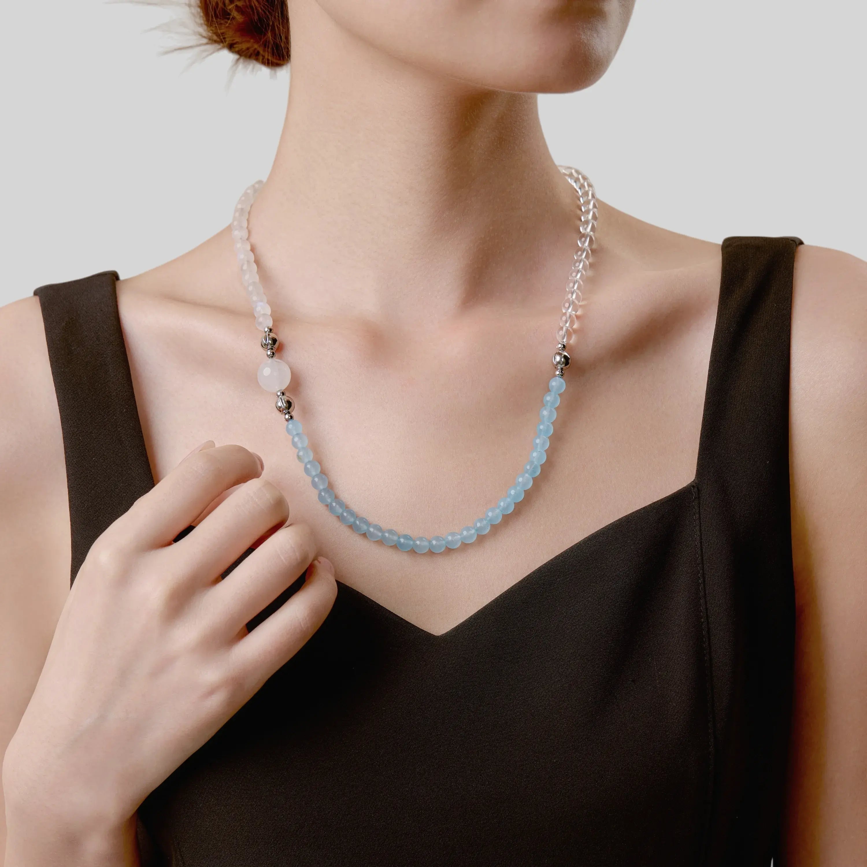 Blue Moonstone And Clear Quartz Magnetic Clasp Necklace Set