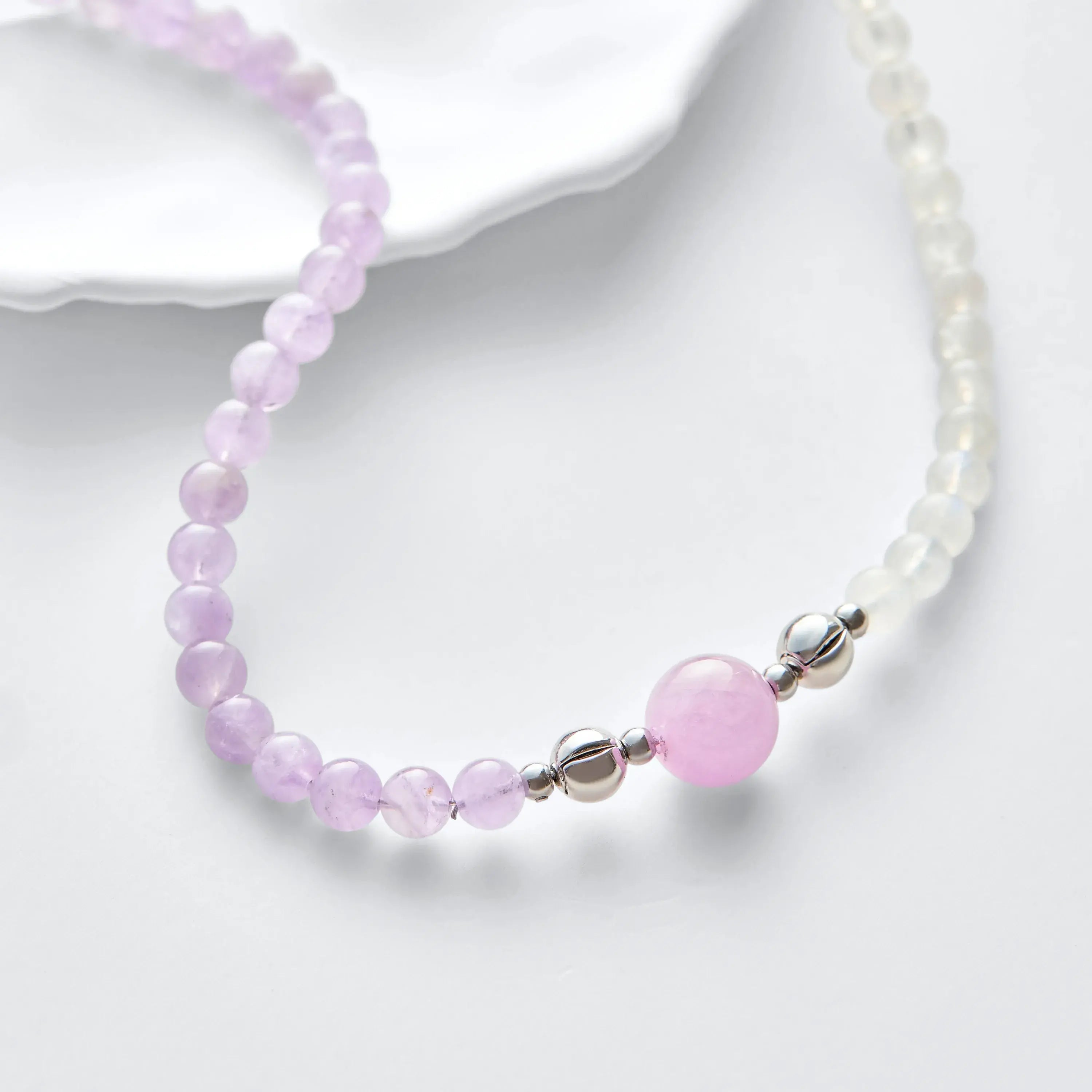 White Jade Amethyst and Kunzite Magnetic Clasp Necklace Set