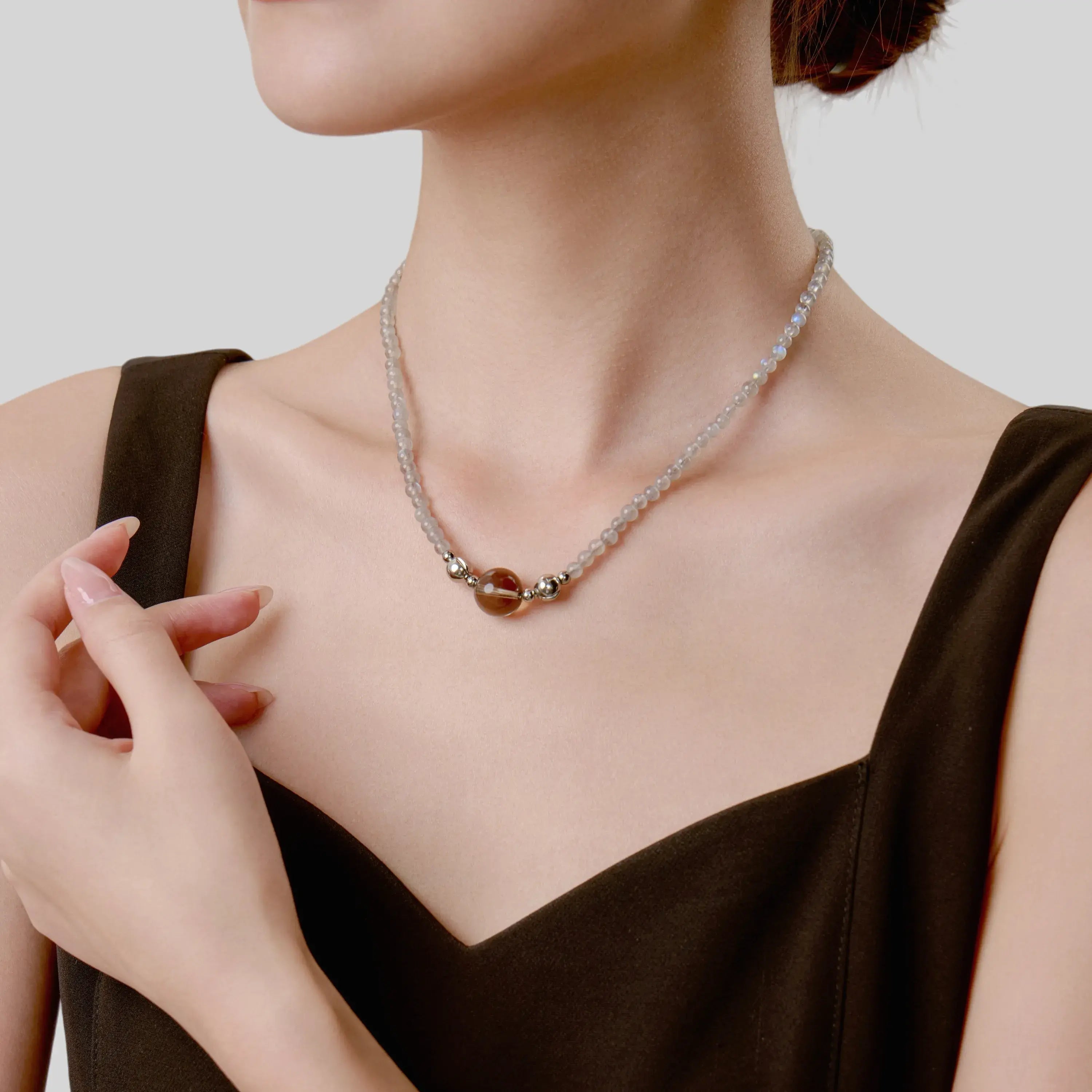 Gray Moonstone and Smoky Quartz Magnetic Clasp Necklace Set