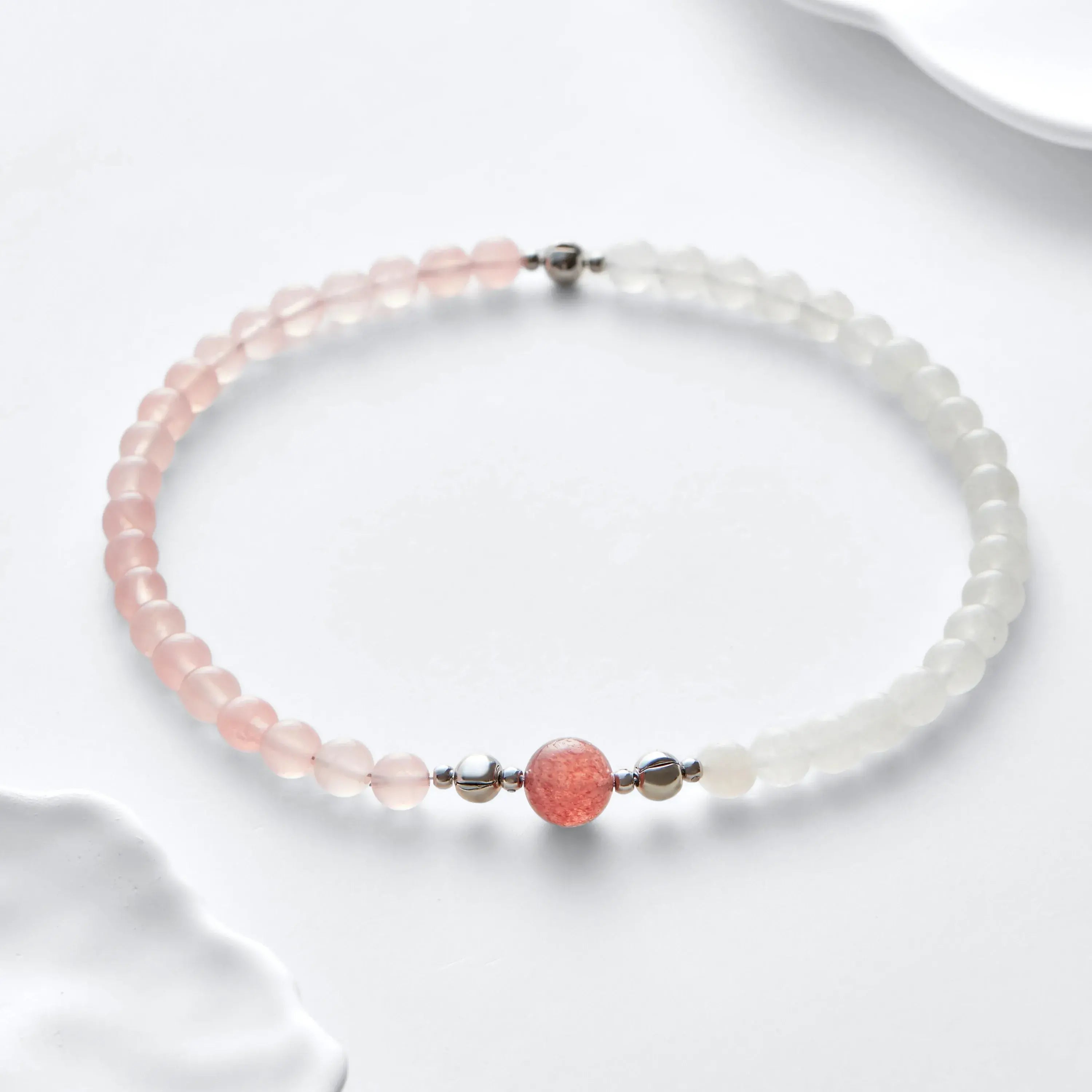 White Jade Rose Quartz Magnetic Clasp Necklace Set