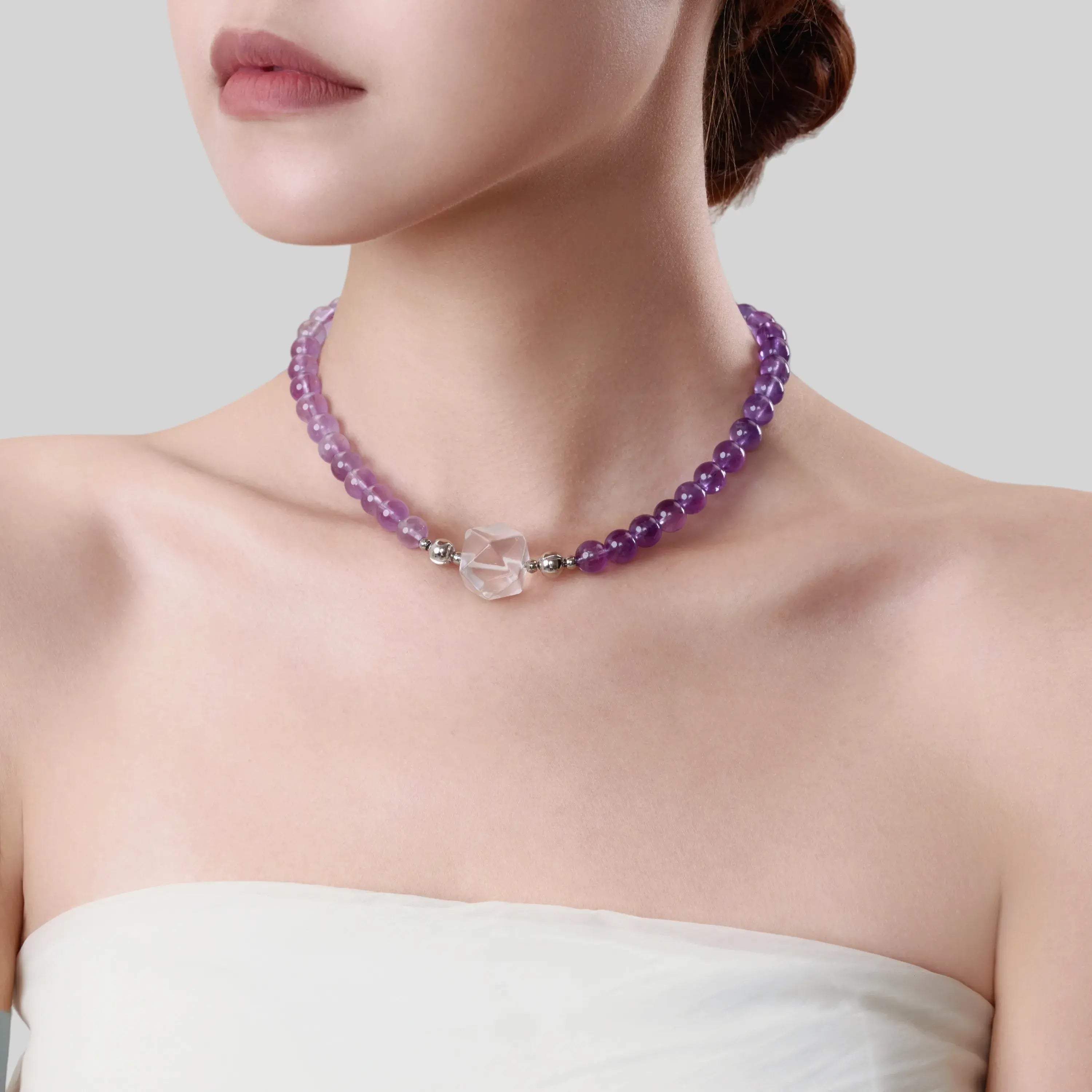 Deep And Light Amethyst Clear Quartz Magnetic Clasp Necklace Set