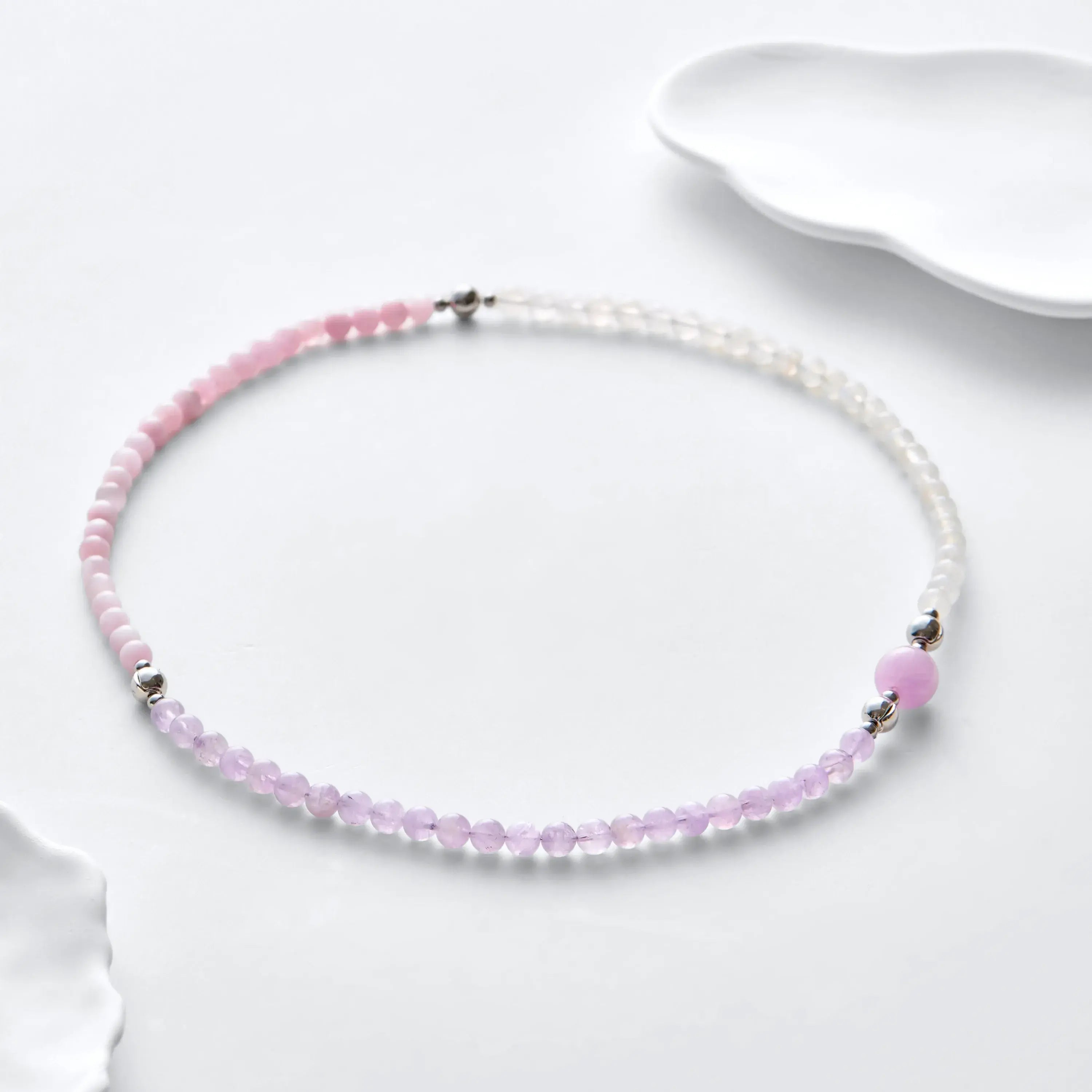 White Jade Amethyst and Kunzite Magnetic Clasp Necklace Set