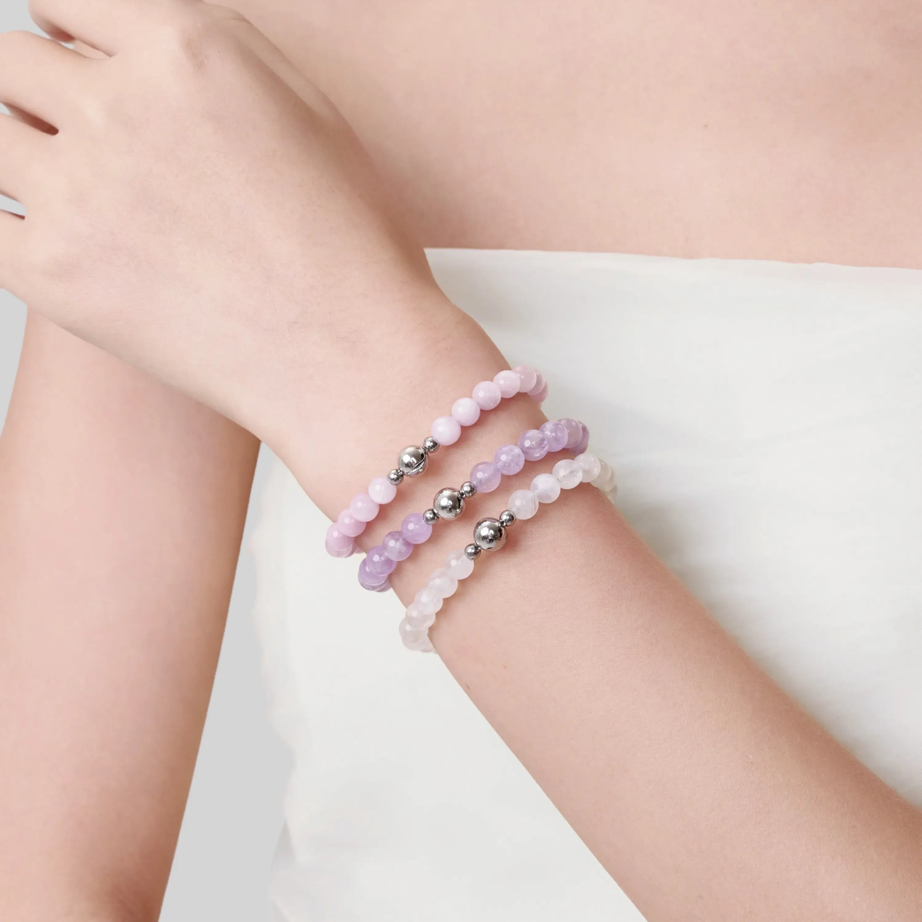 White Jade Amethyst and Kunzite Magnetic Clasp Necklace Set