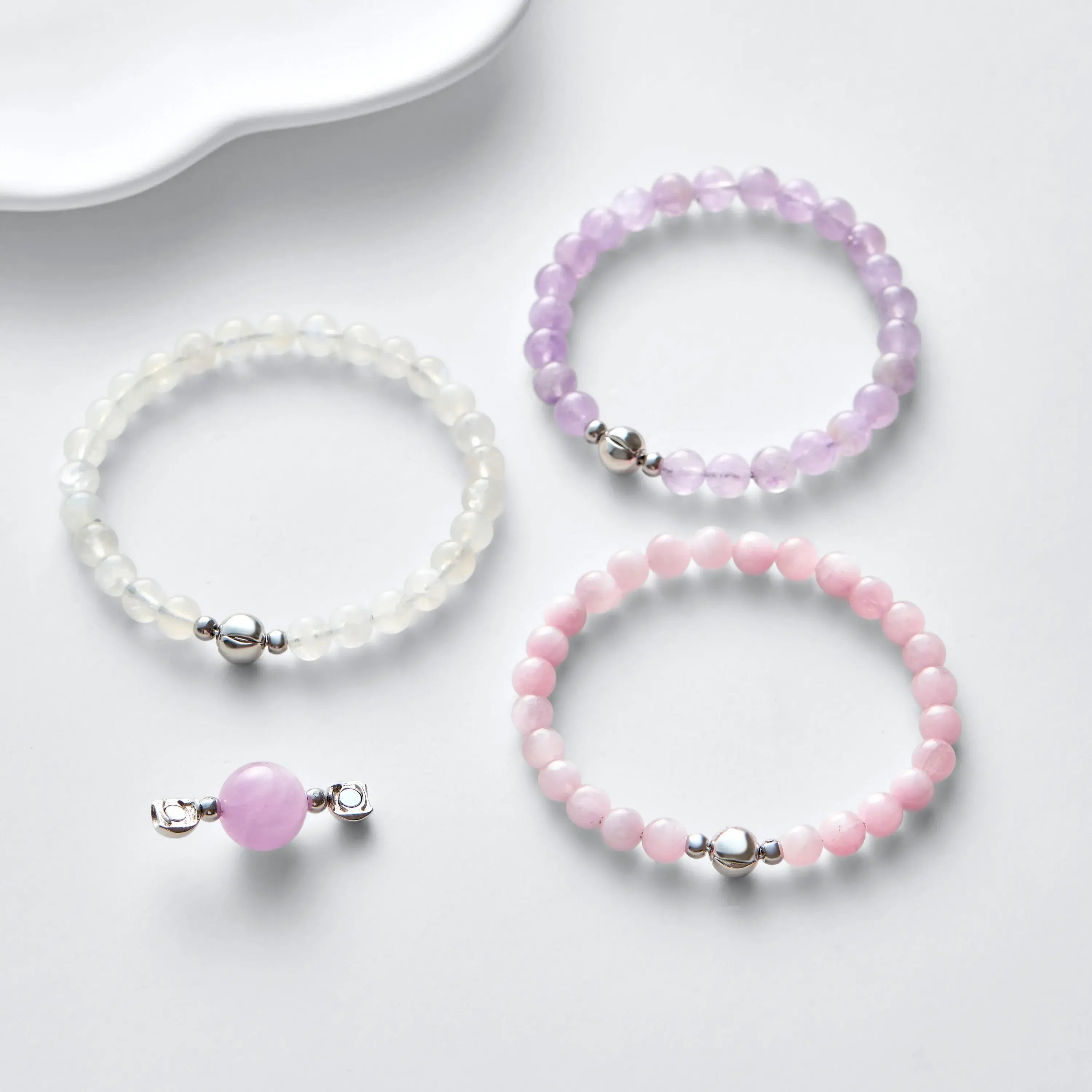 White Jade Amethyst and Kunzite Magnetic Clasp Necklace Set